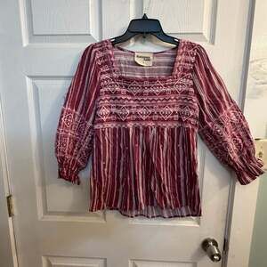 Savanna Jane Women's Embroidered Peasant Blouse Size S Boho Flowy Top Brick Red